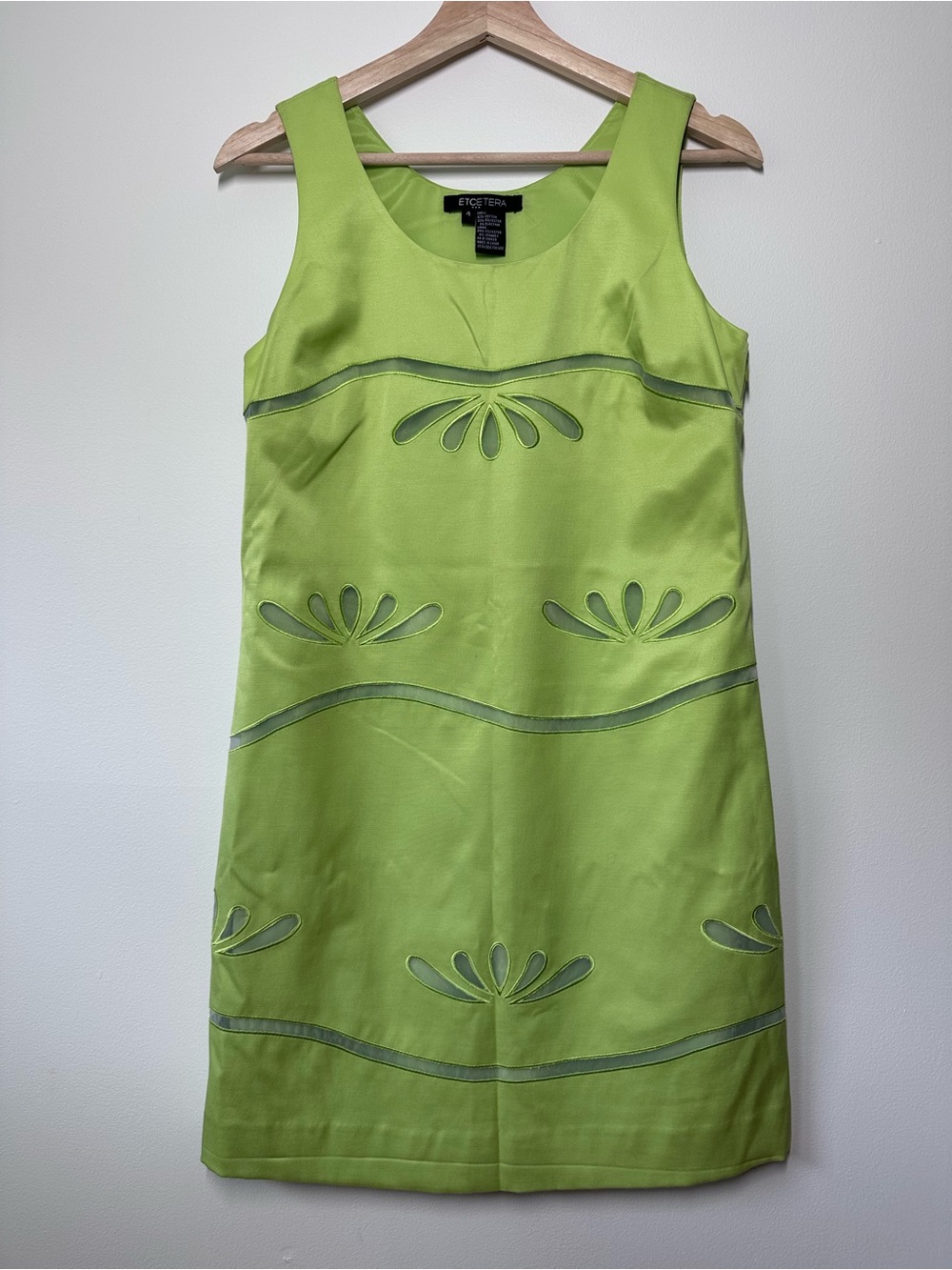 Etcetera Lime Green Shift Dress Mesh‎ Cutout Mod Size 4